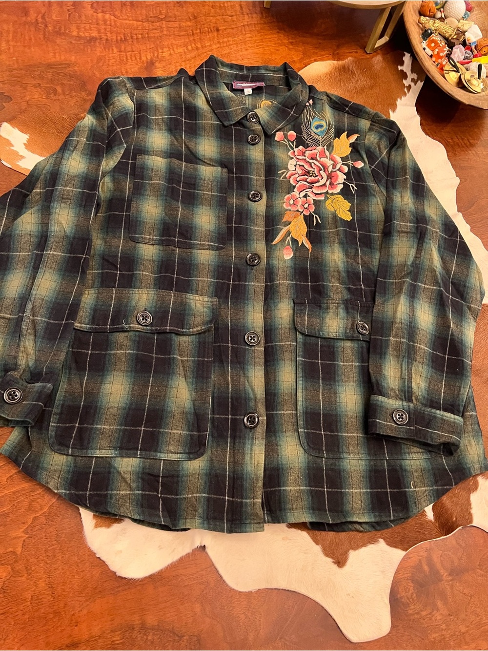Johnny Was Green Plaid Utility Jacket with Floral Embroidery